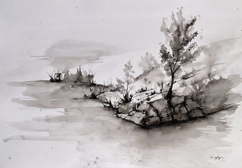 Ink-wash drawing of a small tree and bushes on a rocky riverbank in soft grey tones