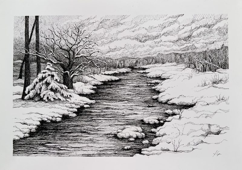 Ink drawing of a river flowing through a snowy winter landscape with bare trees