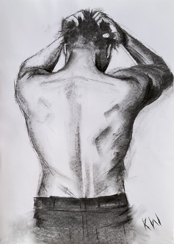 Charcoal drawing of a nude figure seen from the back, hands raised to the head